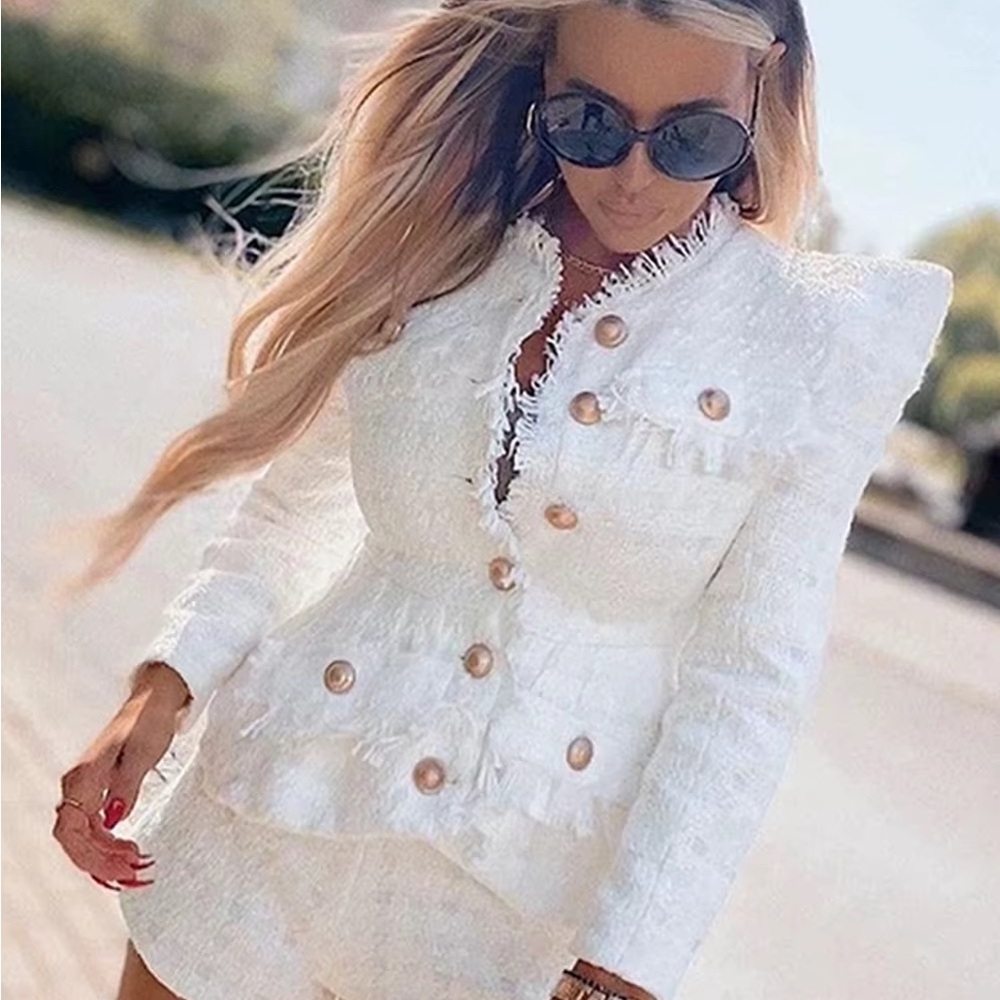 2 piece set Chic White Tweed Blazer and Shorts Set